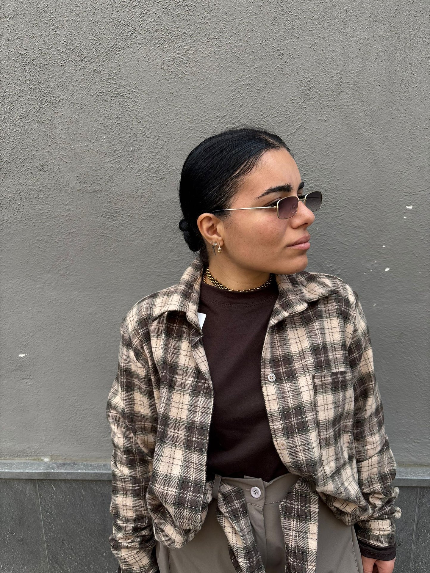 CAMICIONE FRANELLA A QUADRI BEIGE